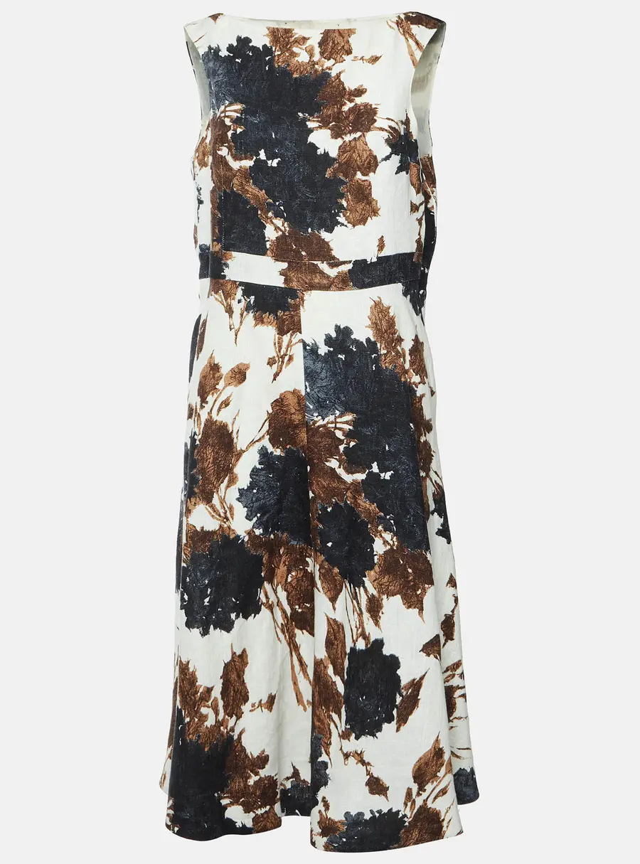 Giambattista Valli White Abstract Botanical Print Linen Midi Dress M