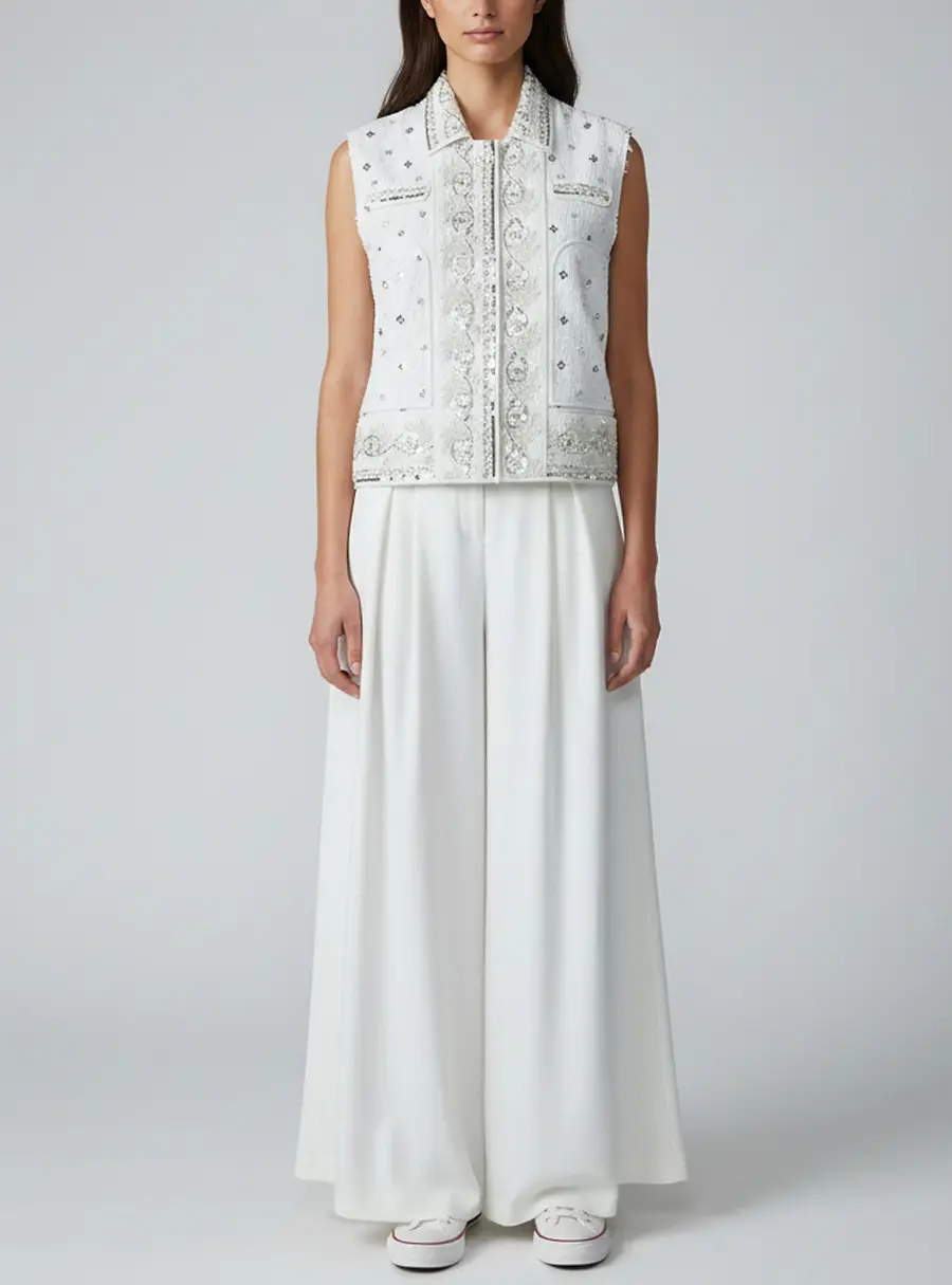 Giambattista Valli Boucle and Denim Embellished Vest and Pants Set M