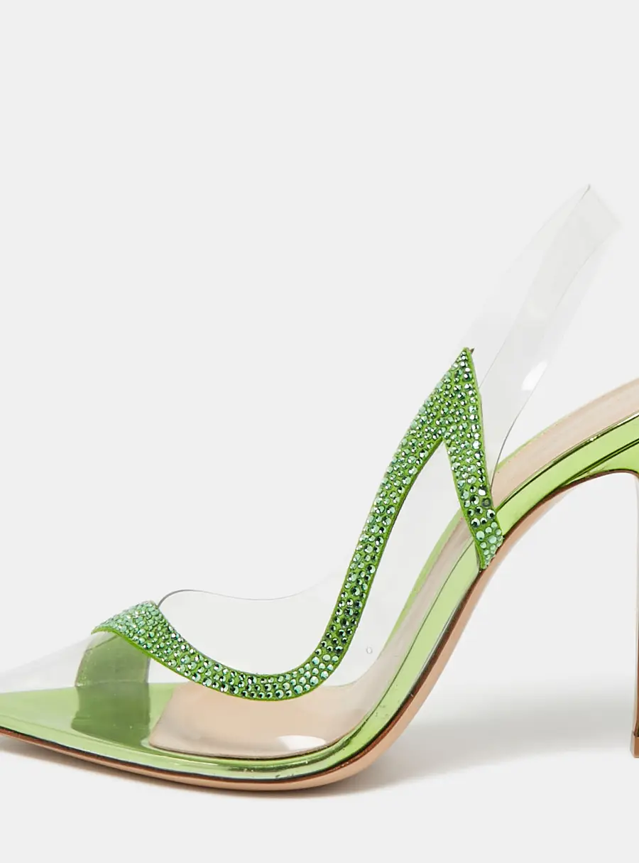 Gianvito Rossi Transparent/Green PVC and Suede Embellished Hortensia Pumps Size 39.5