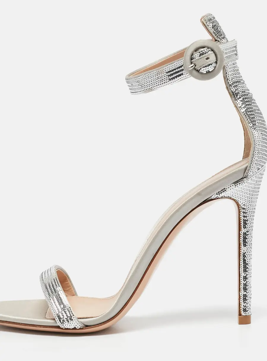 Gianvito Rossi Silver Sequins Montecarlo Ankle Strap Sandals Size 37