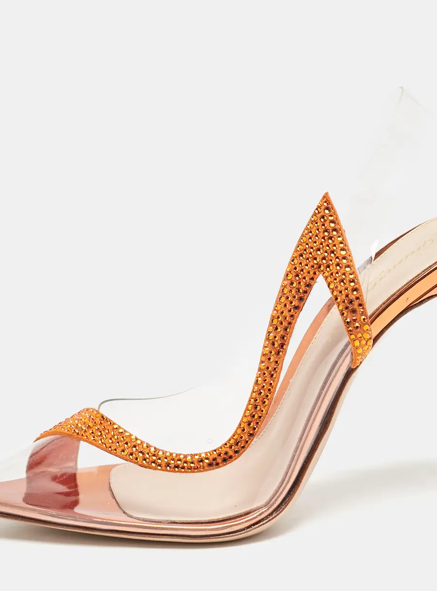 Gianvito Rossi Transparent/Orange PVC and Suede Embellished Hortensia Pumps Size 37.5