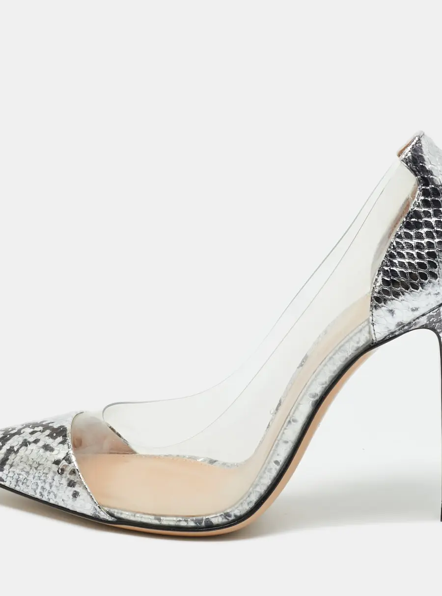 Gianvito Rossi Plexi Size 37 Silver PVC and Snakeskin Embossed Leather Pumps