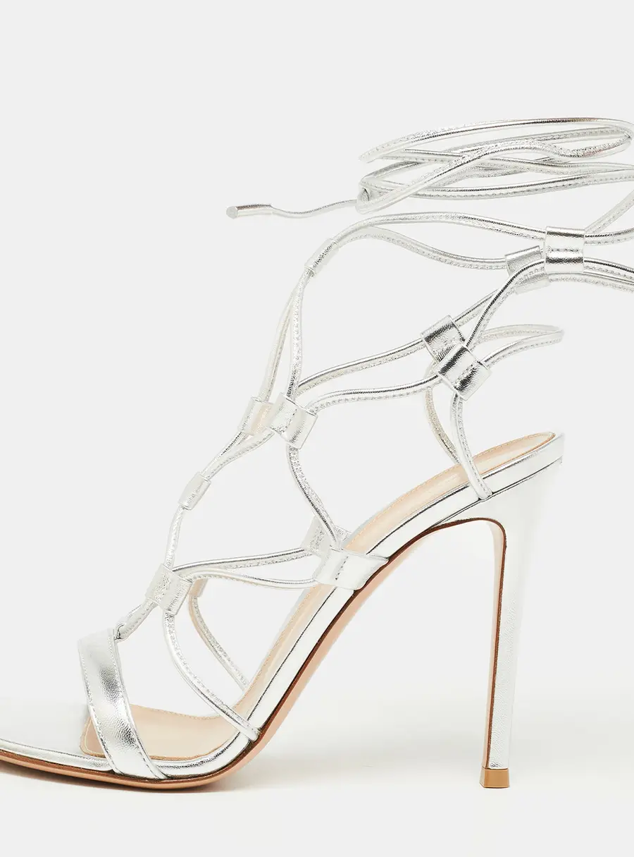 Gianvito Rossi Silver Leather Giza Ankle Wrap Sandals Size 40.5
