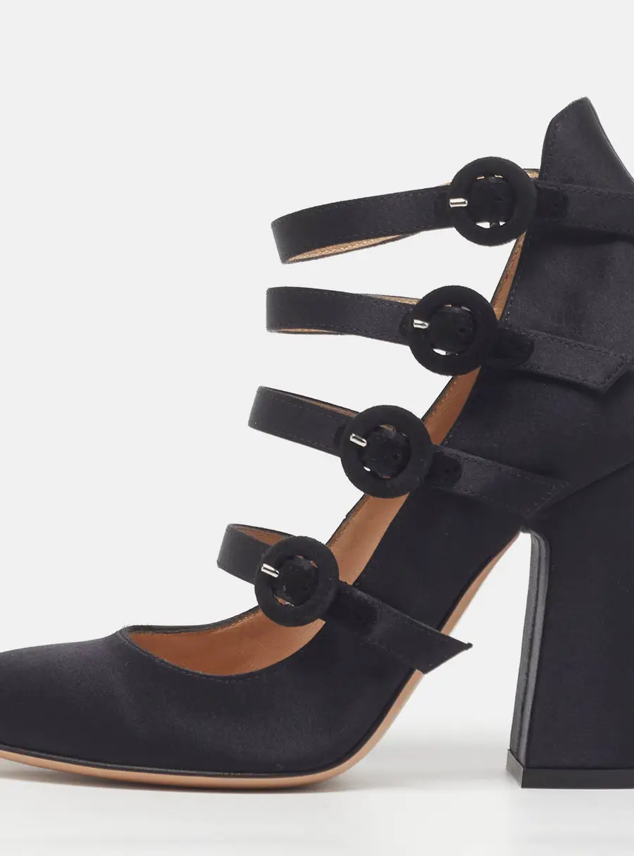 Gianvito Rossi Moret Size 35 Black Satin Strappy Block Heel Pumps