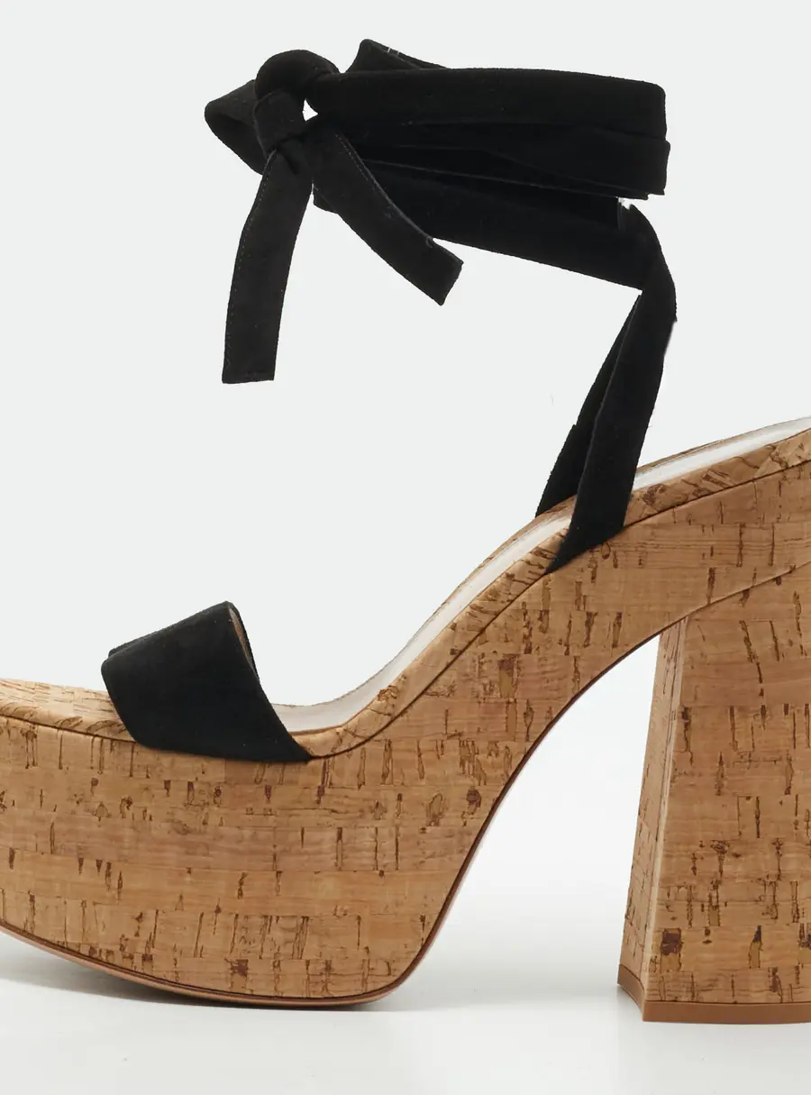Gianvito Rossi Size 39 Black Suede Cork Platform Block Heel Ankle Wrap Sandals