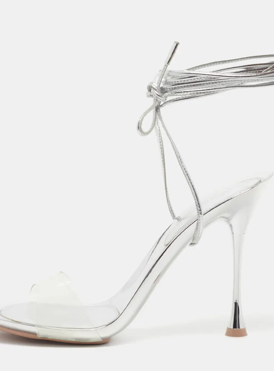 Gianvito Rossi Spice Size 40 Silver Metallic Leather and PVC Ankle Wrap Sandals