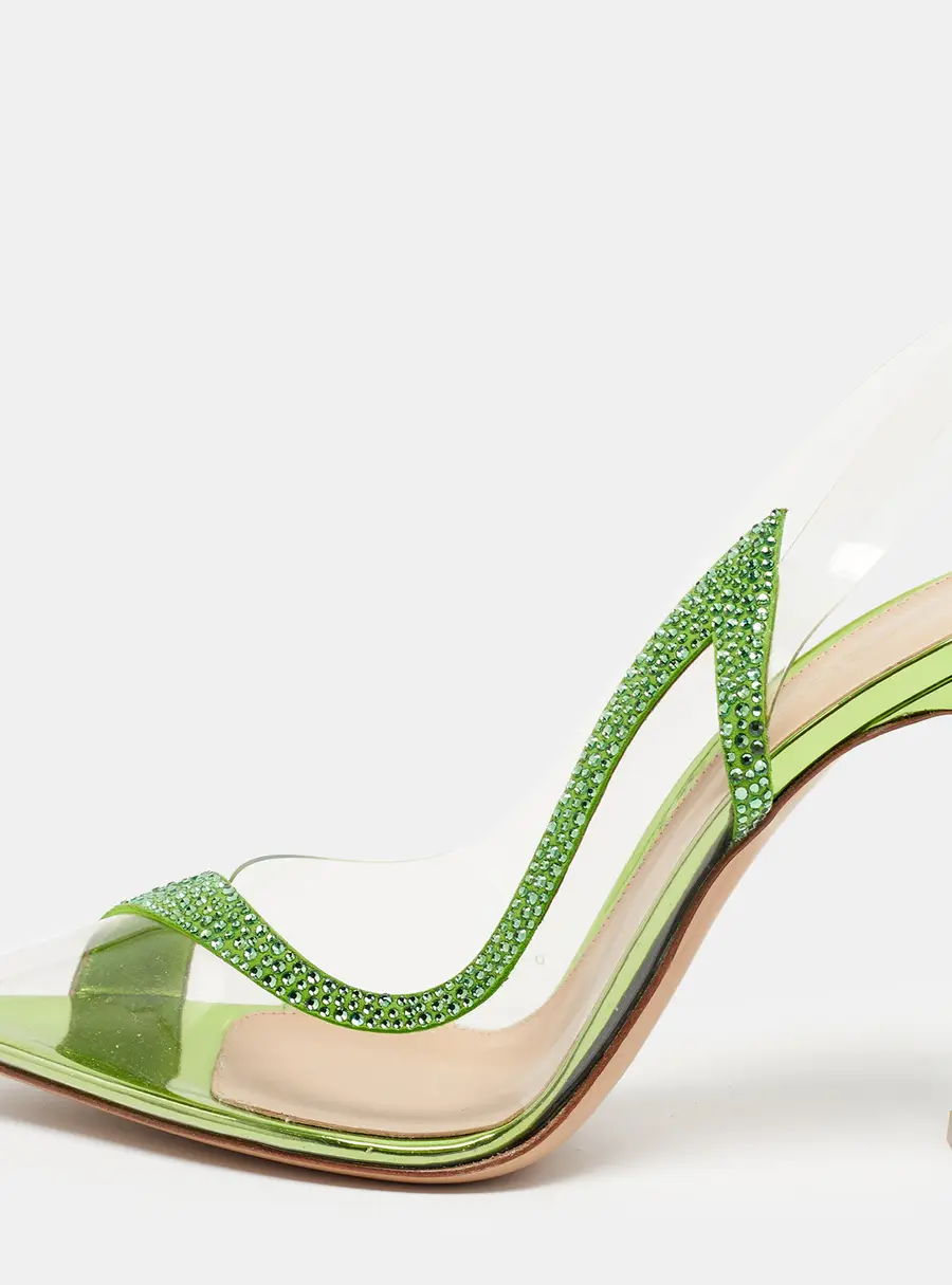 Gianvito Rossi Hortensia Size 40.5 Transparent/Neon Green PVC and Suede Crystal Embellished Pumps
