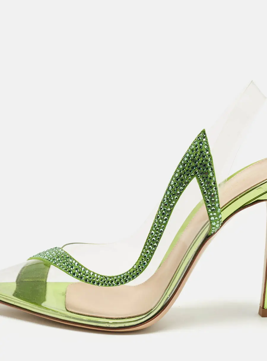 Gianvito Rossi Hortensia Size 38.5 Transparent/Green PVC and Suede Slingback Pumps