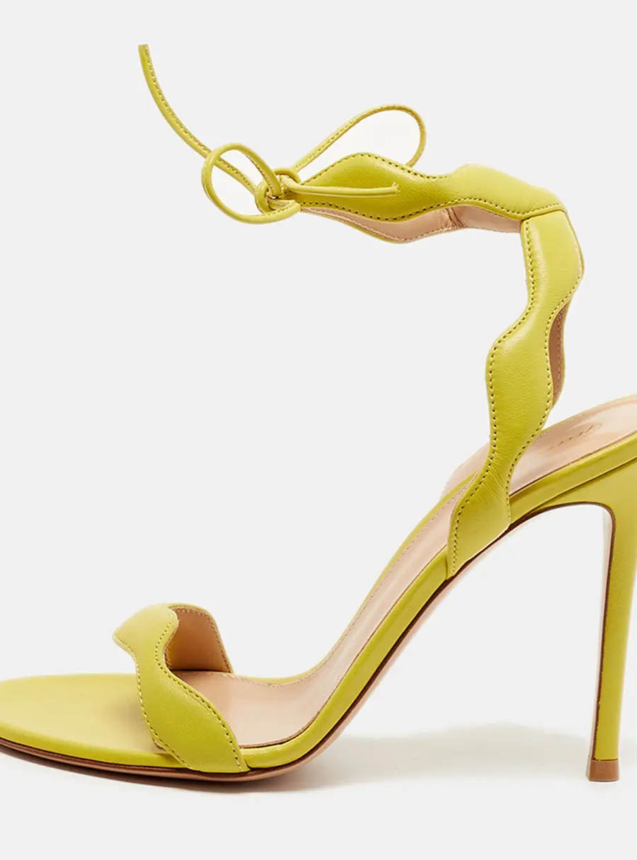 Gianvito Rossi Size 37 Neon Green Leather Wavy Ankle Tie Sandals