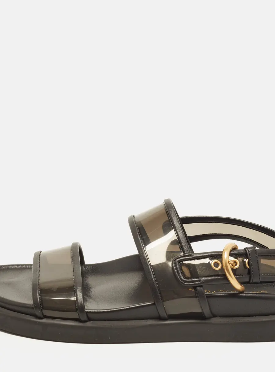 Gianvito Rossi Bilbao Size 36 Black Leather and PVC Flat Slingback Sandals