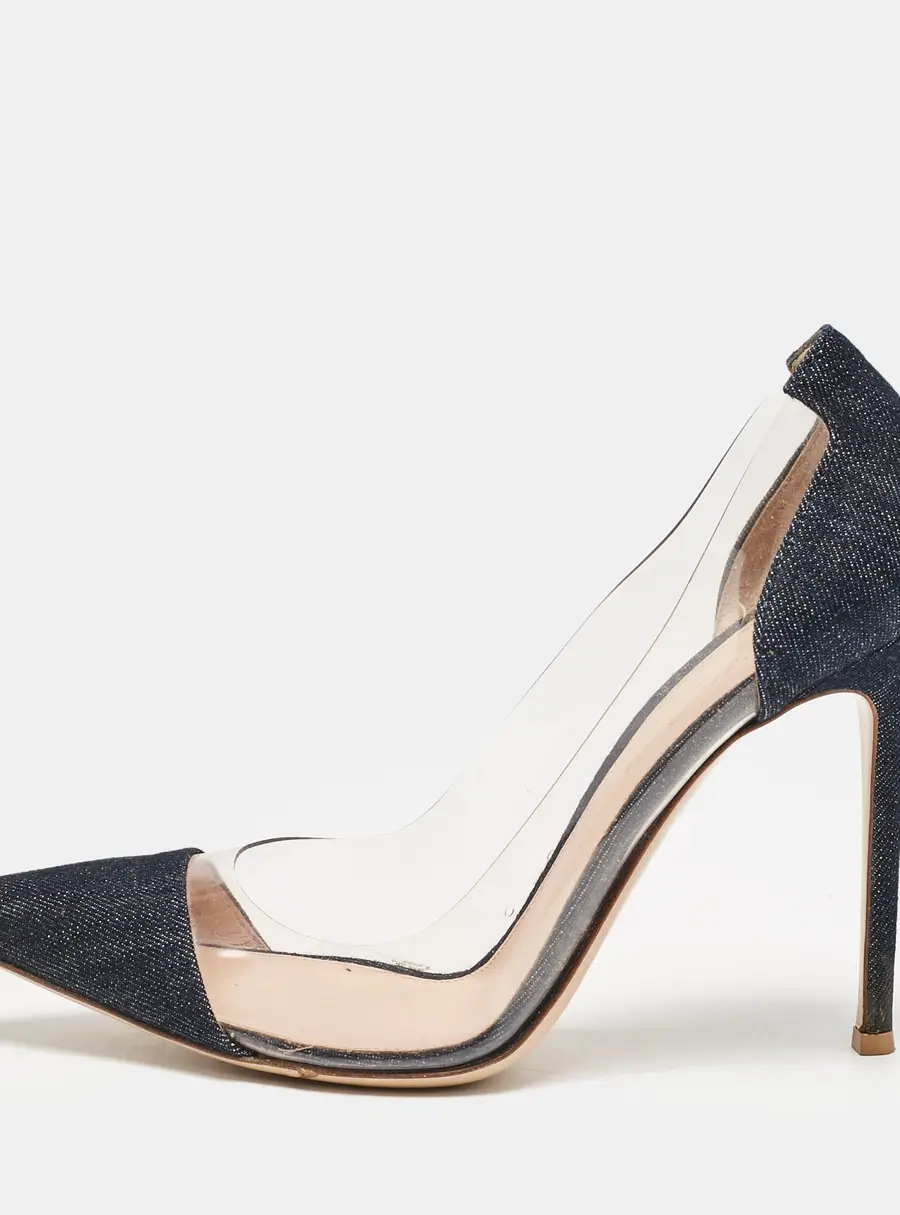 Gianvito Rossi Navy Blue Denim and PVC Plexi Pointed Toe Pumps Size 39