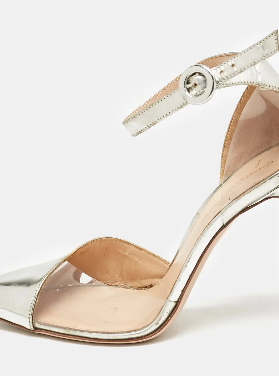 Gianvito Rossi Silver Leather and PVC Anise Pointed Toe Ankle Strap Pumps Size 38