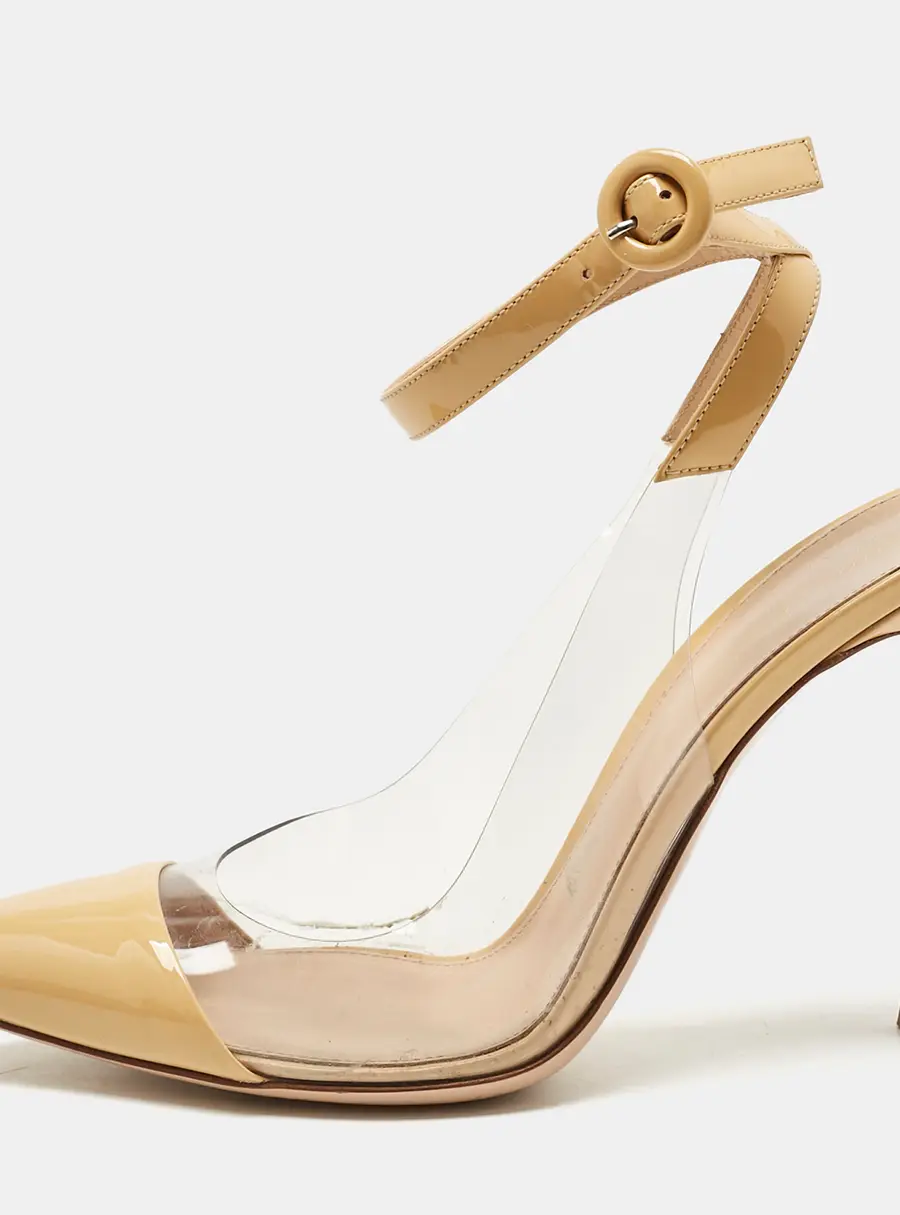 Gianvito Rossi Beige/Transparent Leather And PVC Anise Pointed Toe Ankle Strap Sandals Size 39