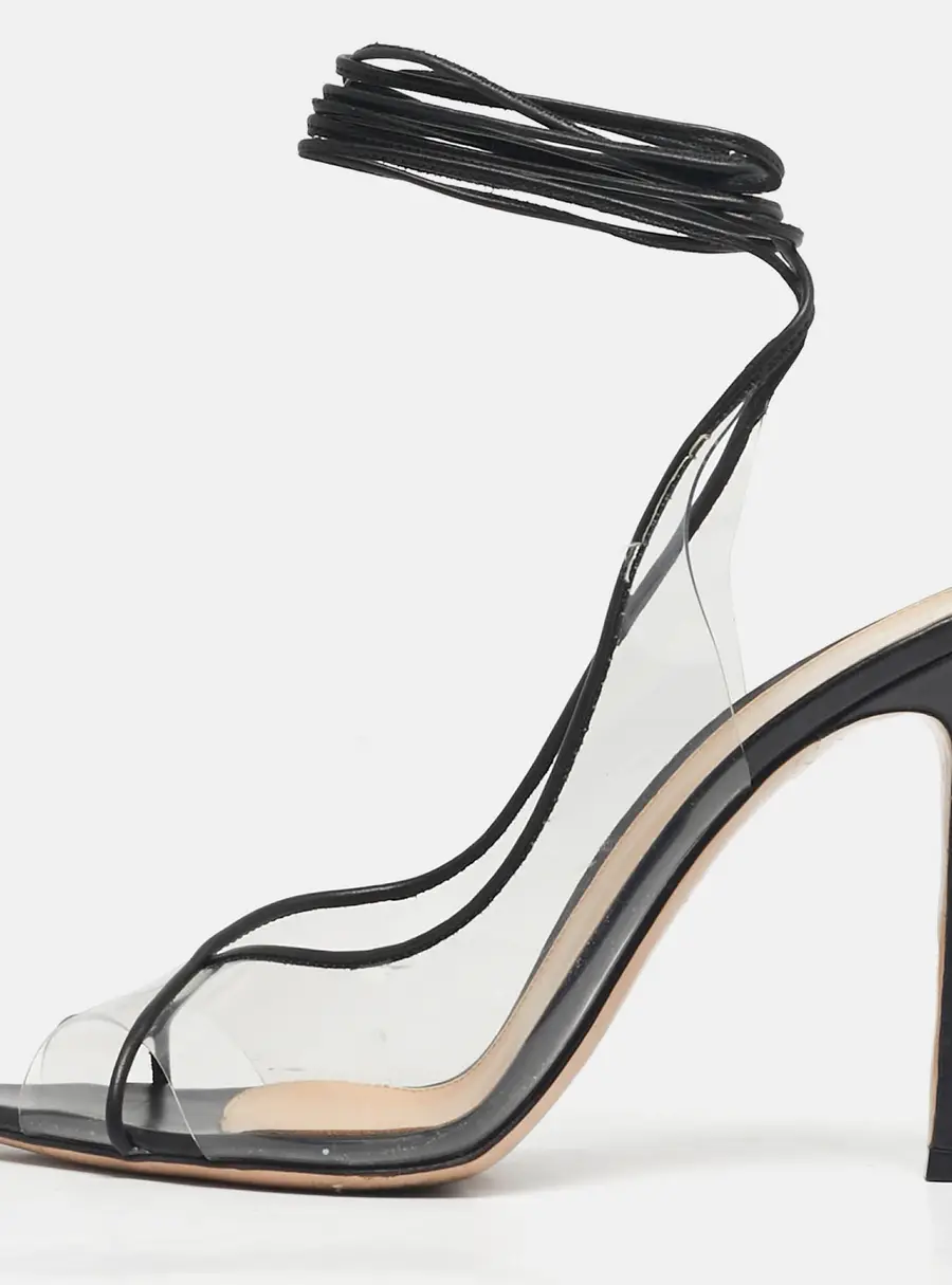 Gianvito Rossi Transparent/Black Leather and PVC Plexi Ankle Wrap Sandals Size 39