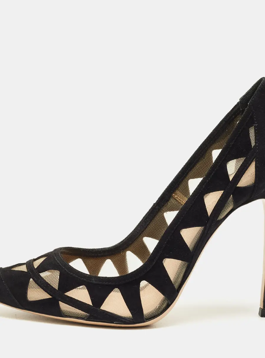 Gianvito Rossi Black Suede and Mesh Maxine Laser Cut Pointed Toe Pumps Size 40