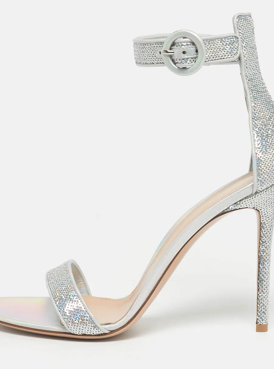 Gianvito Rossi Silver Iridescent Leather and Sequins Portofino Ankle Strap Sandals Size 42