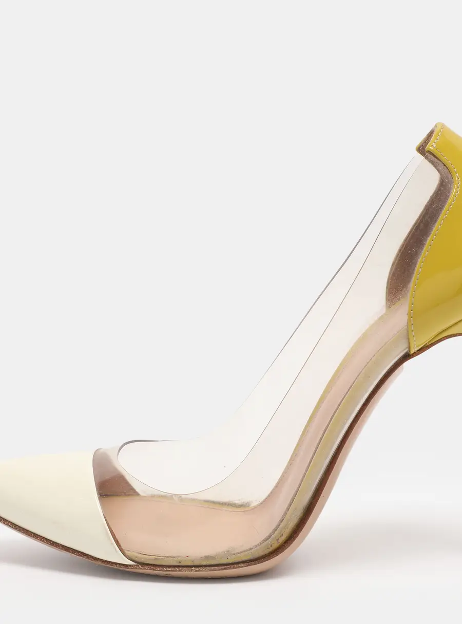 Gianvito Rossi Cream/Yellow Patent Leather And PVC Plexi Pointed Toe Pumps Size 35