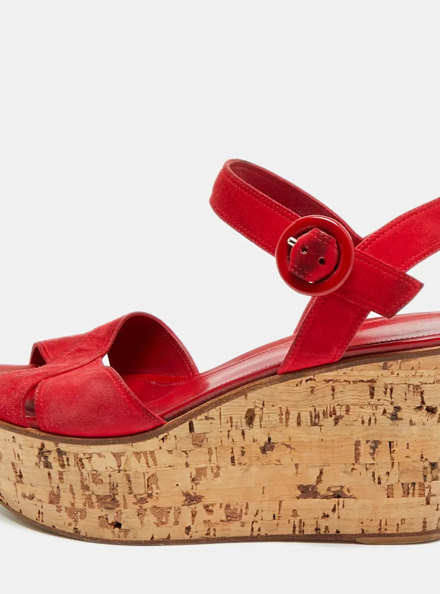 Gianvito Rossi Size 40 Red Suede Cork Wedge Ankle Strap Sandals