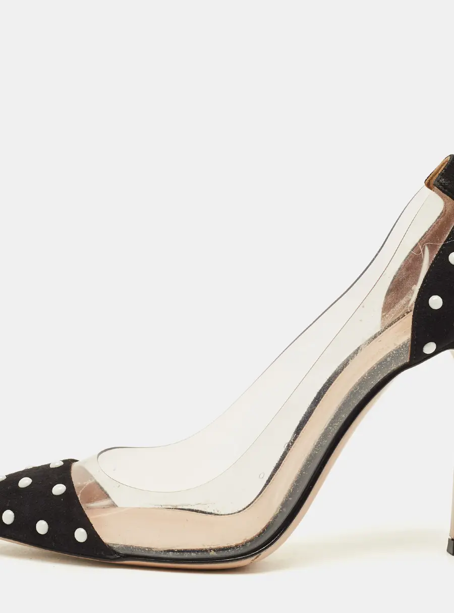 Gianvito Rossi Size 38.5 Black/White Studded Suede and PVC Plexi Pumps