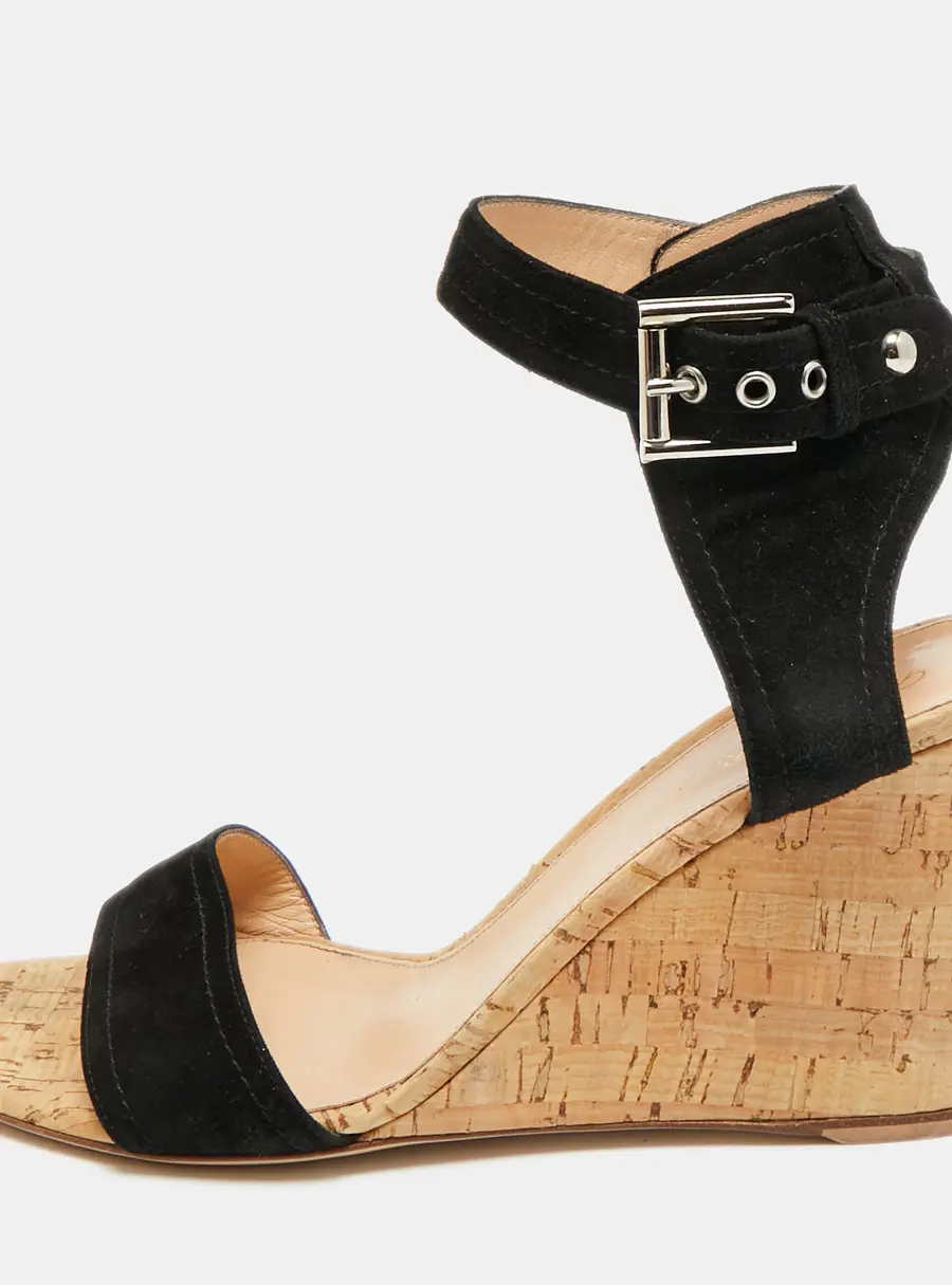Gianvito Rossi Size 41 Black Suede Cork Wedge Sandals