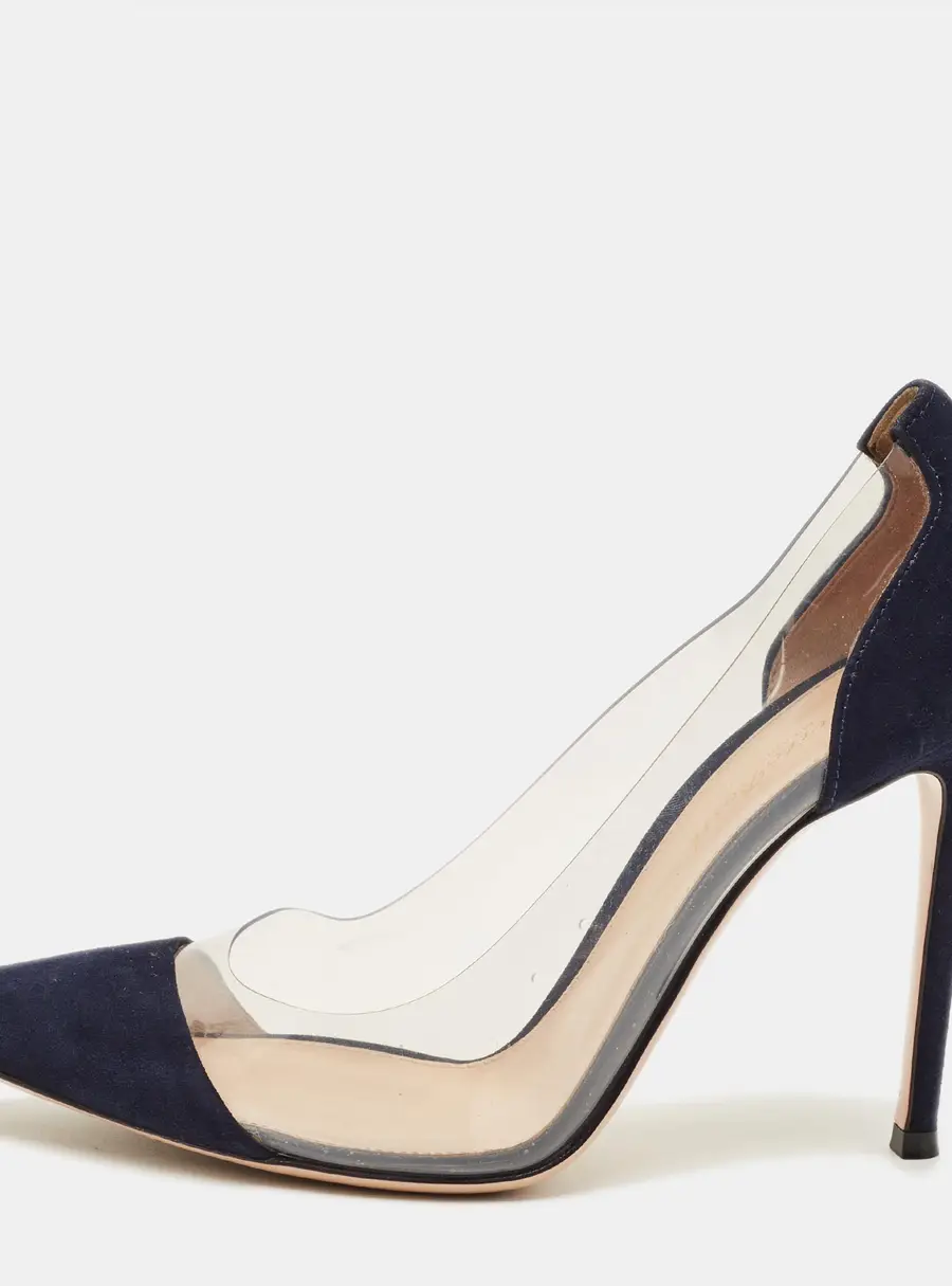 Gianvito Rossi Plexi Size 38 Navy Blue/Transparent Suede and PVC Pumps