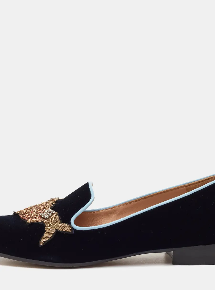 Gianvito Rossi x Mary Katrantzou Size 37 Navy Blue Velvet Fish Embroidered Slip On Loafers