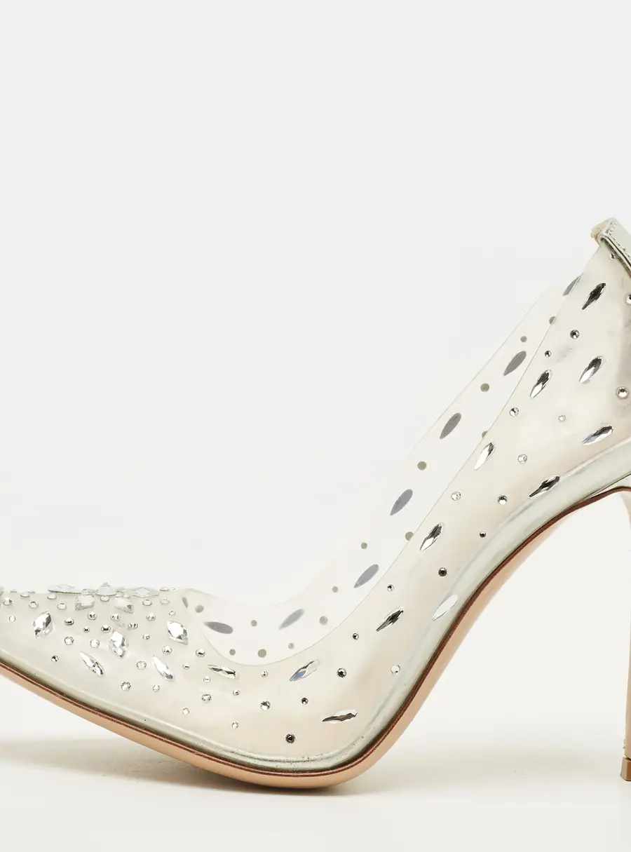 Gianvito Rossi Halley Size 38 Transparent/Silver Patent Leather and PVC Crystal Embellished Pumps