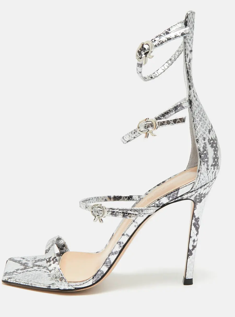 Gianvito Rossi Ribbon Uptown Size 38 Silver/Black Snakeskin Embossed Leather Ankle Strap Sandals