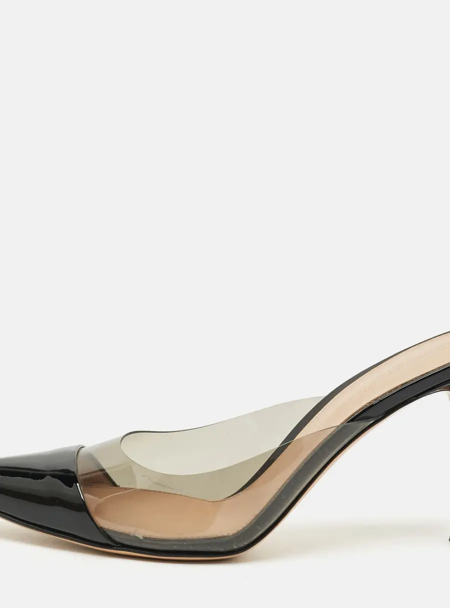 Gianvito Rossi Elle Size 38 Black Patent Leather and PVC Pointed Toe Mules