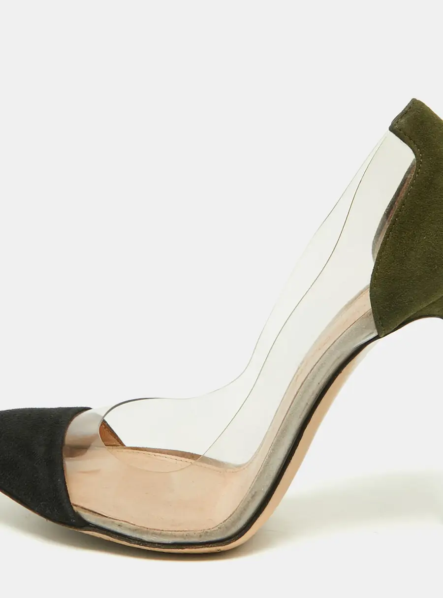 Gianvito Rossi Plexi Size 35.5 Black/Green PVC and Suede Pointed Toe Pumps