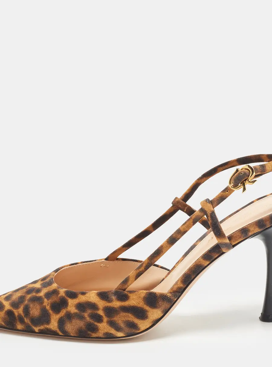 Gianvito Rossi Ascent Size 38.5 Brown Leopard Print Suede Slingback Pumps