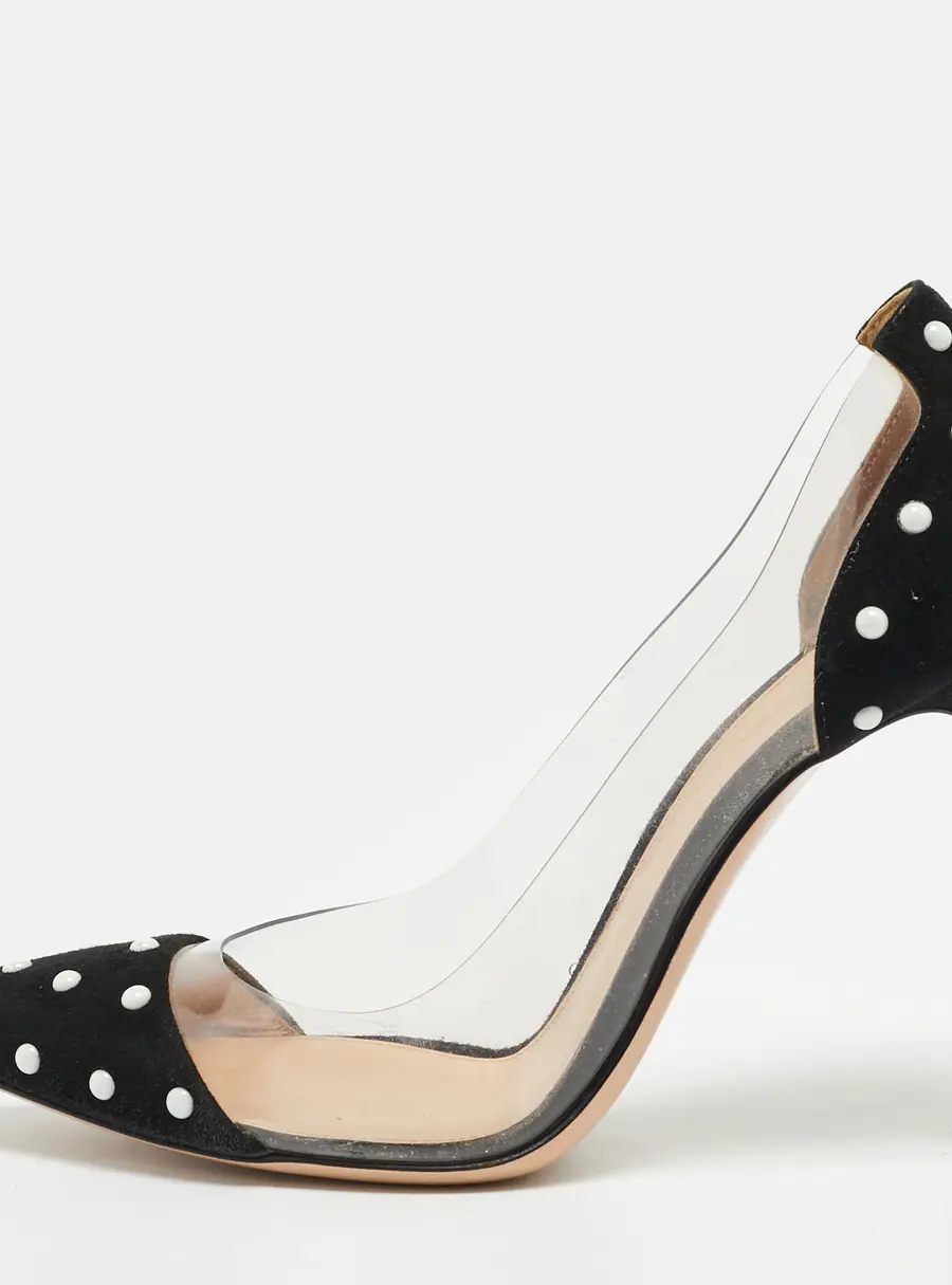 Gianvito Rossi Plexi Size 37 Transparent/Black PVC and Suede Pearl Embellished Pumps