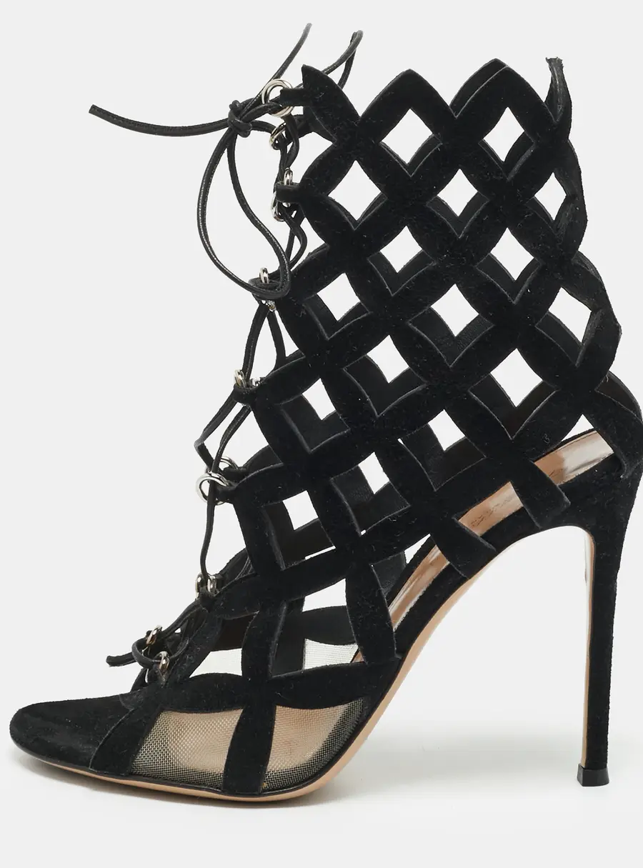 Gianvito Rossi Size 37 Black Suede Caged Sandals