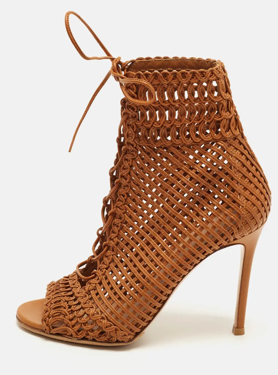 Gianvito Rossi Marnie Size 36 Brown Woven Leather Open Toe Ankle Length Boots