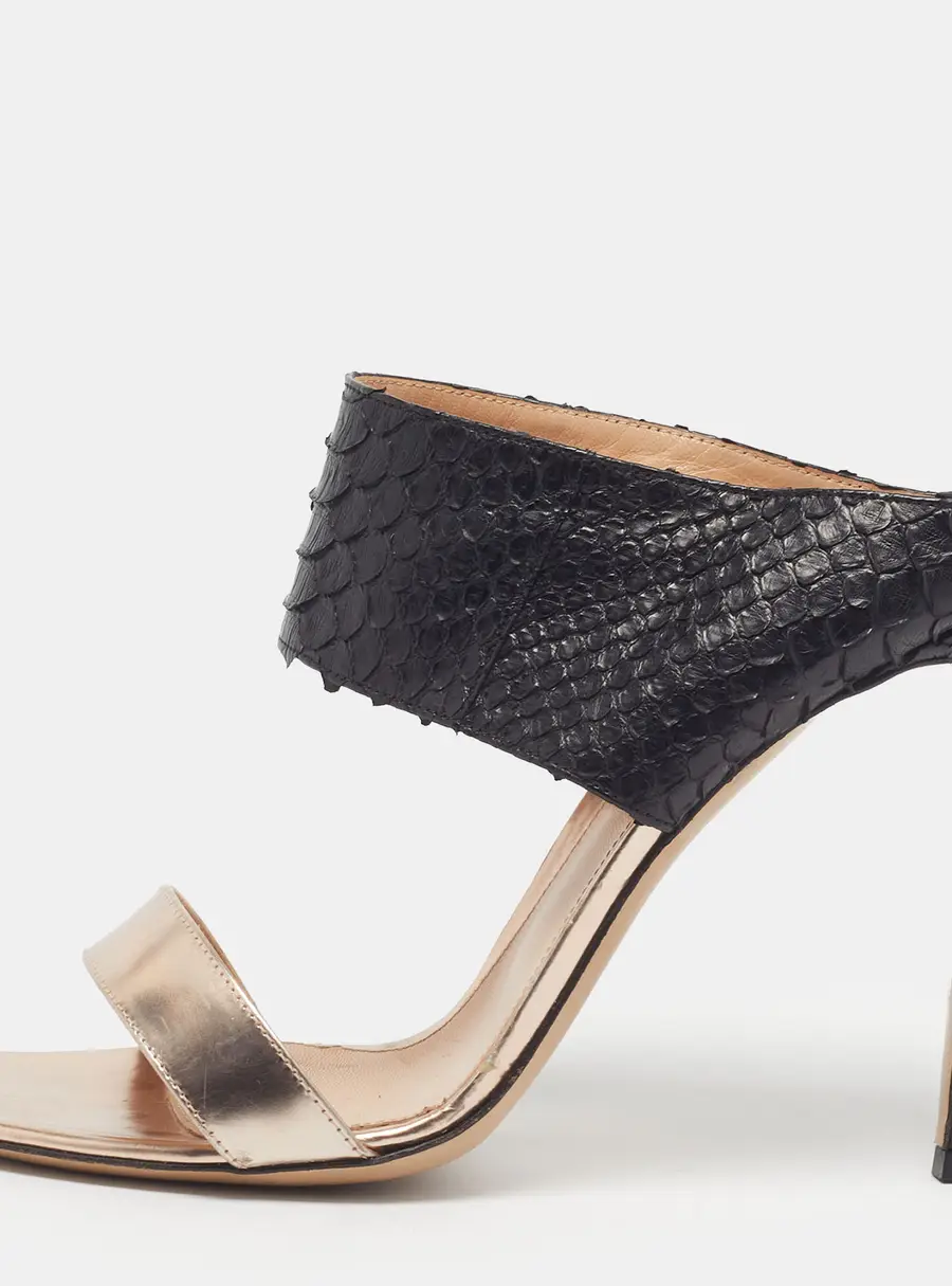 Gianvito Rossi Size 40.5 Black/Gold Leather and Python Leather Slide Sandals