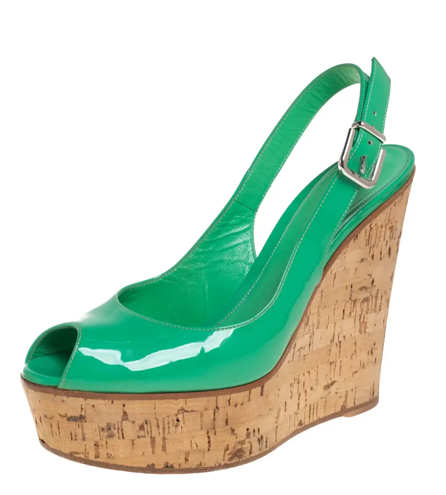 Gianvito Rossi Green Patent Leather Cork Wedge Platform Slingback Sandals Size 37