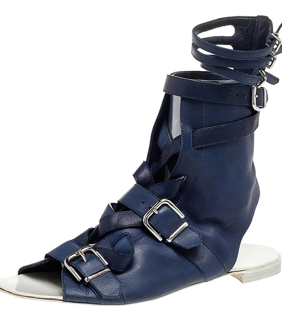 Gianvito Rossi Blue Leather Buckle Gladiator Ankle Length Flat Sandals Size 38