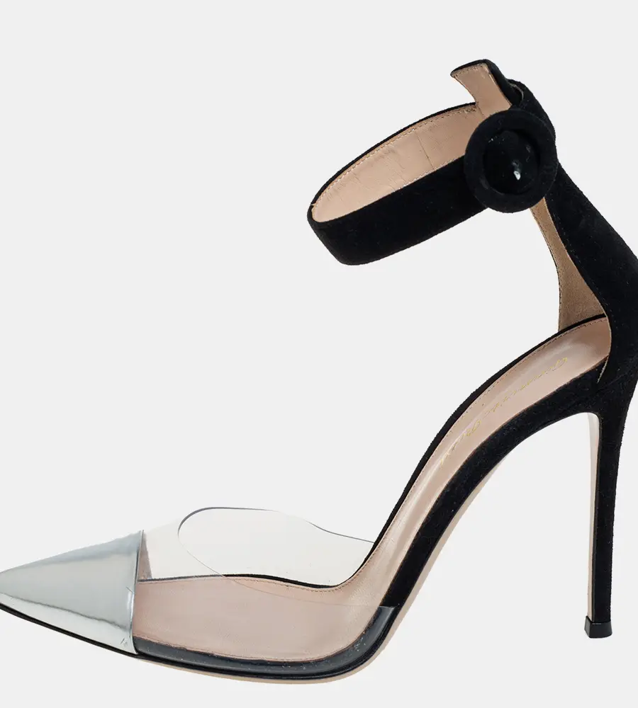Gianvito Rossi Black/Silver Suede And PVC Ankle Strap Sandals Size 39