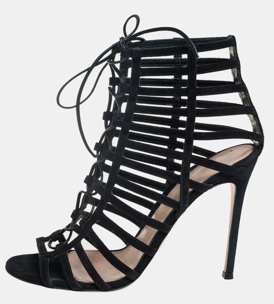 Gianvito Rossi Black Suede Caged Lace Up Sandals Size 39