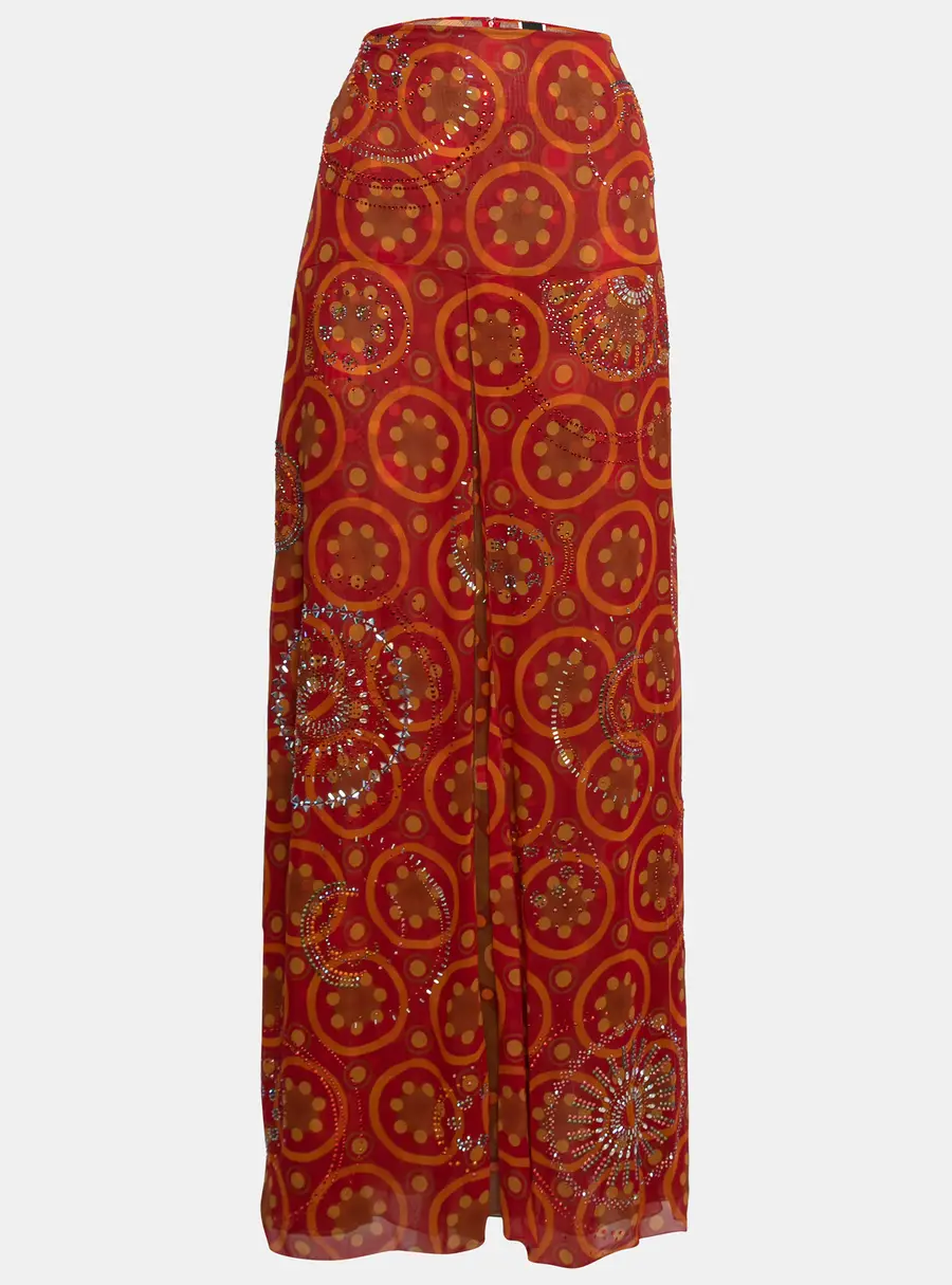 Gianfranco Ferre Vintage Red Printed Silk Embellished Maxi Skirt L