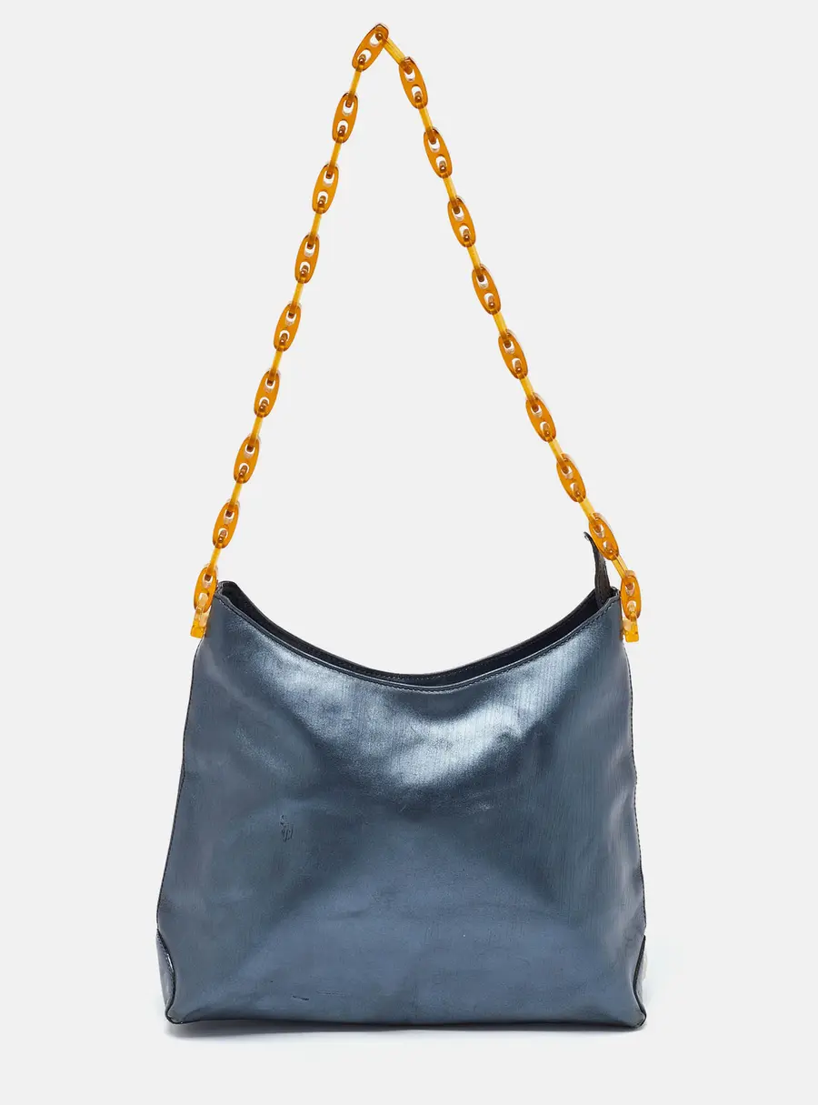 Gianfranco Ferre Metallic Blue Leather Chain Hobo