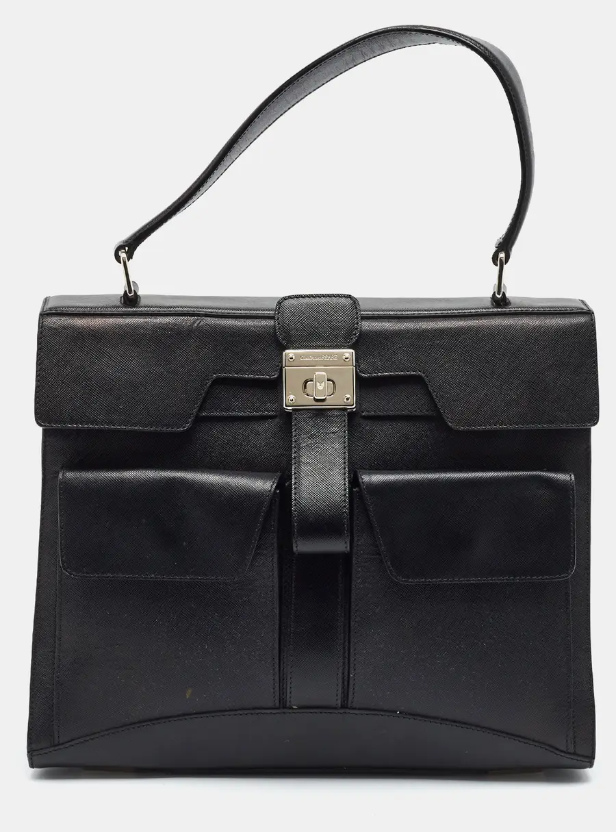 Gianfranco Ferre Front Pocket Black Saffiano Leather Top Handle Bag