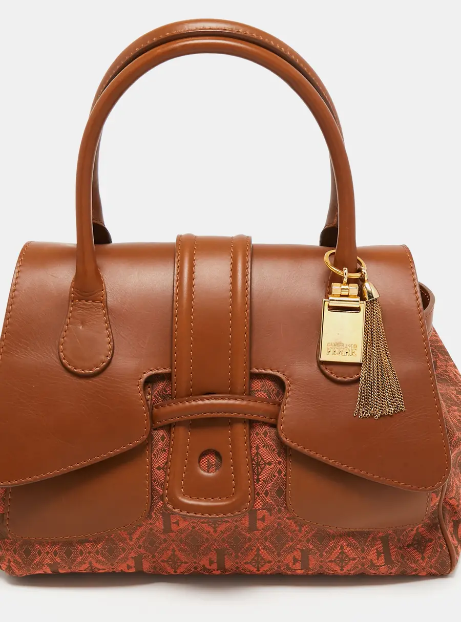Gianfranco Ferre Brown Jacquard Fabric and Leather Flap Satchel