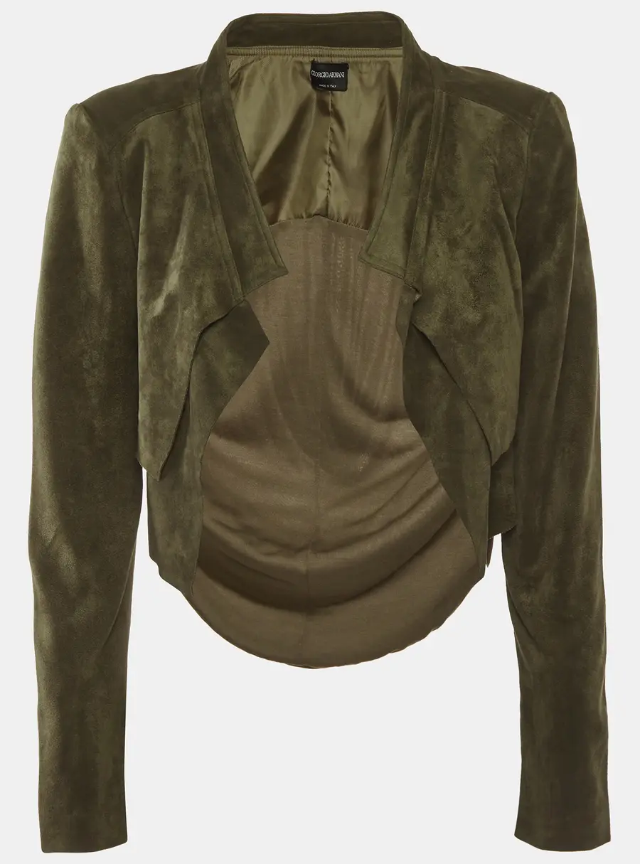Giorgio Armani Olive Green Faux Suede and Jersey Open Front Jacket S