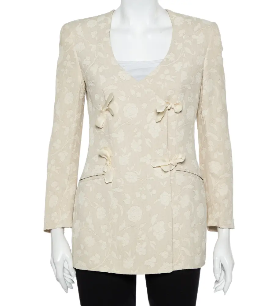 Giorgio Armani Cream Floral Jacquard Tie Detail Vintage Blazer XS