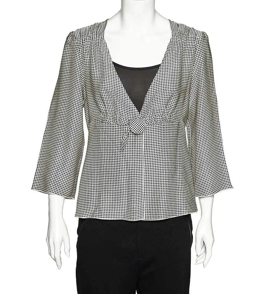 Giorgio Armani White Polka Dotted Silk Satin Gathered Blouse L