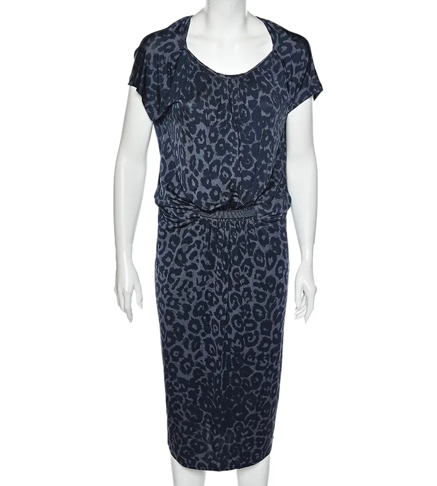 Giorgio Armani Blue Animal Printed Silk Jersey Cut-Out Back Detailed Dress L