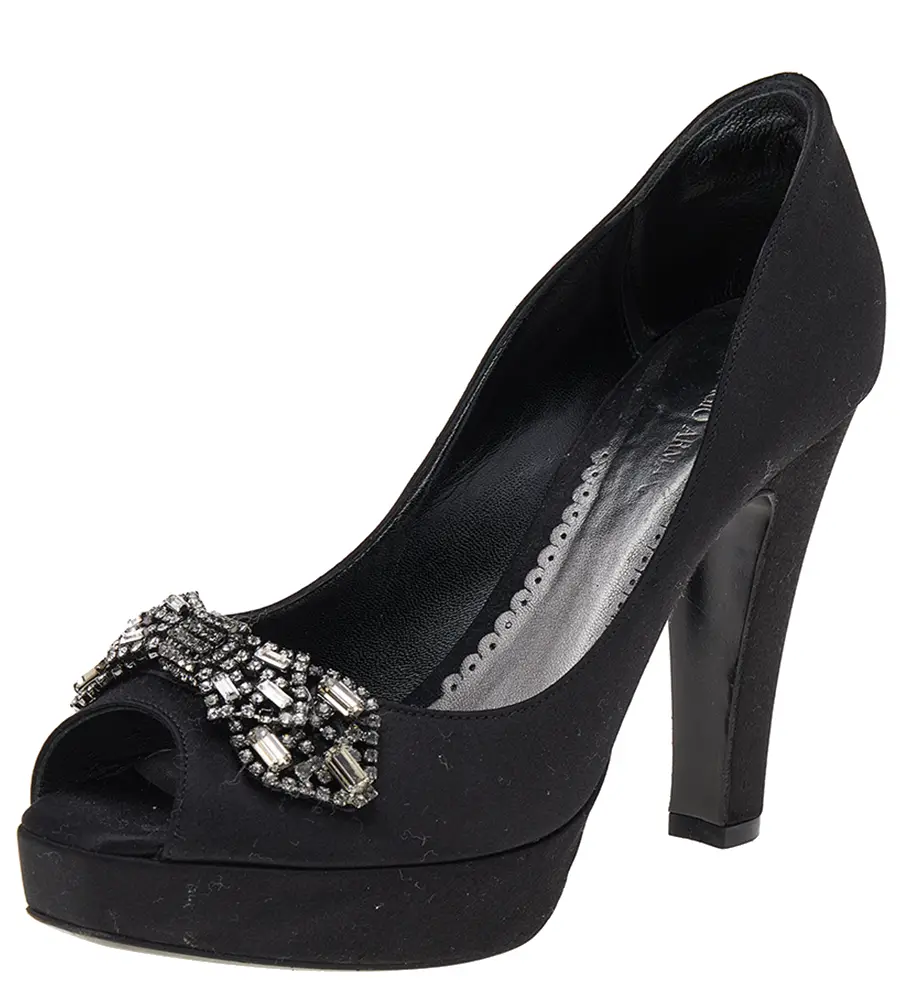 Giorgio Armani Black Satin Crystal Embellished Peep Toe Platform Pumps Size 36