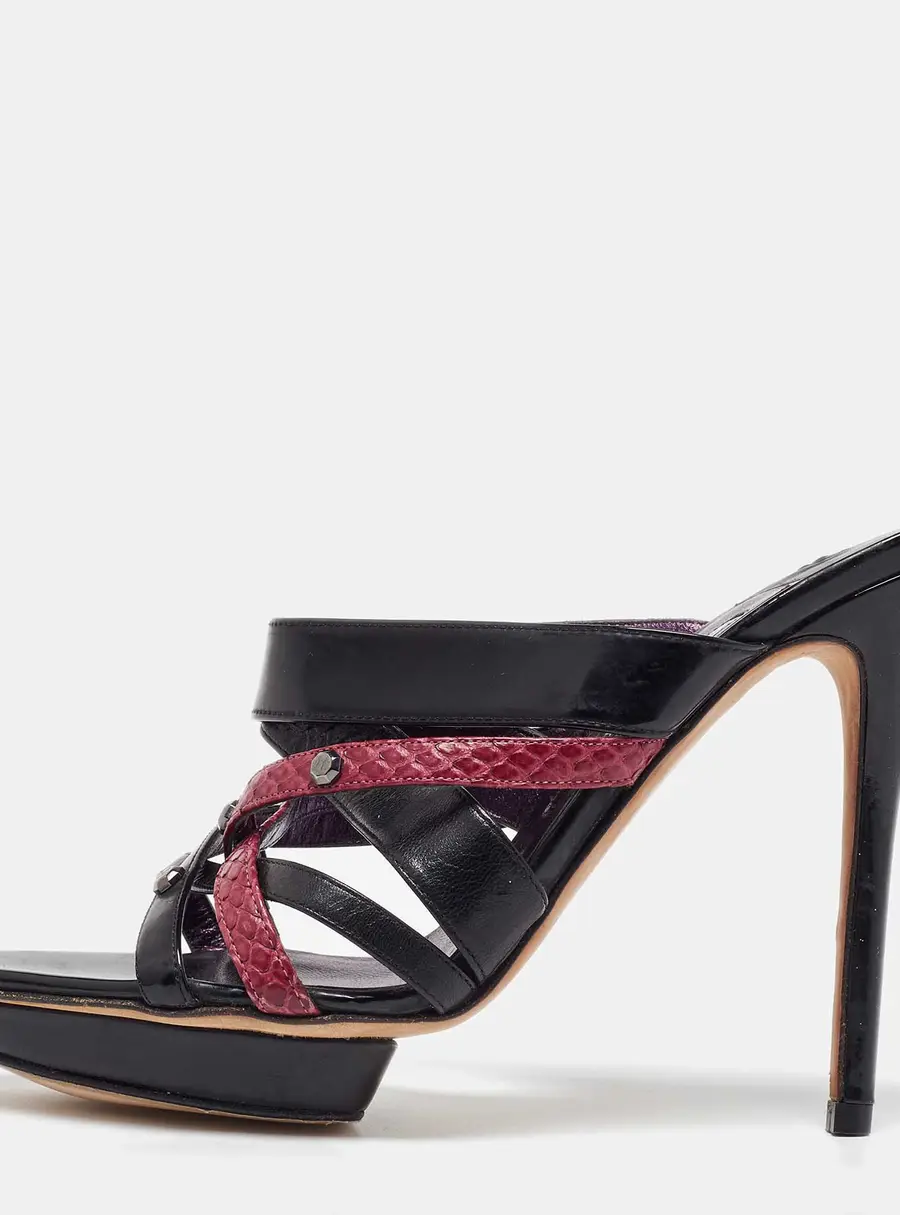 Gina Black/Maroon Leather and Snakeskin Strappy Platform Sandals Size 40
