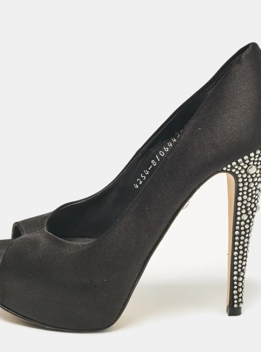 Gina Black Satin Crystal Embellished Peep Toe Pumps Size 37.5